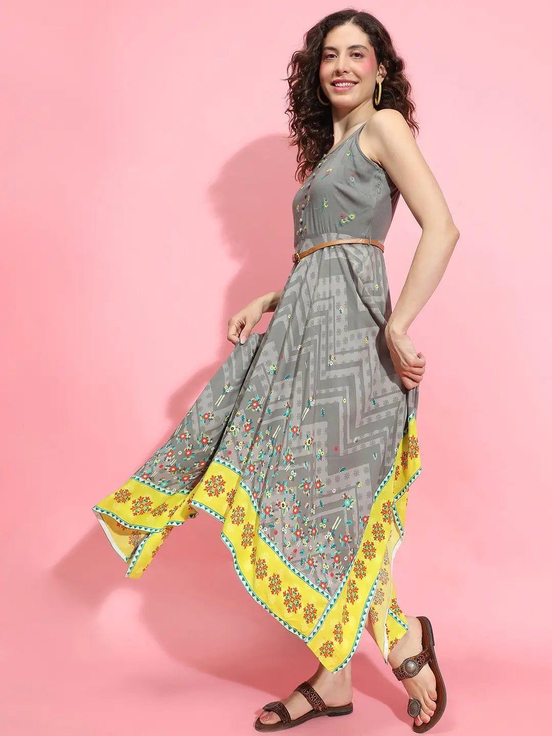 Envisioned Grey Printed High-Low Strappy Women Dress - oxolloxo