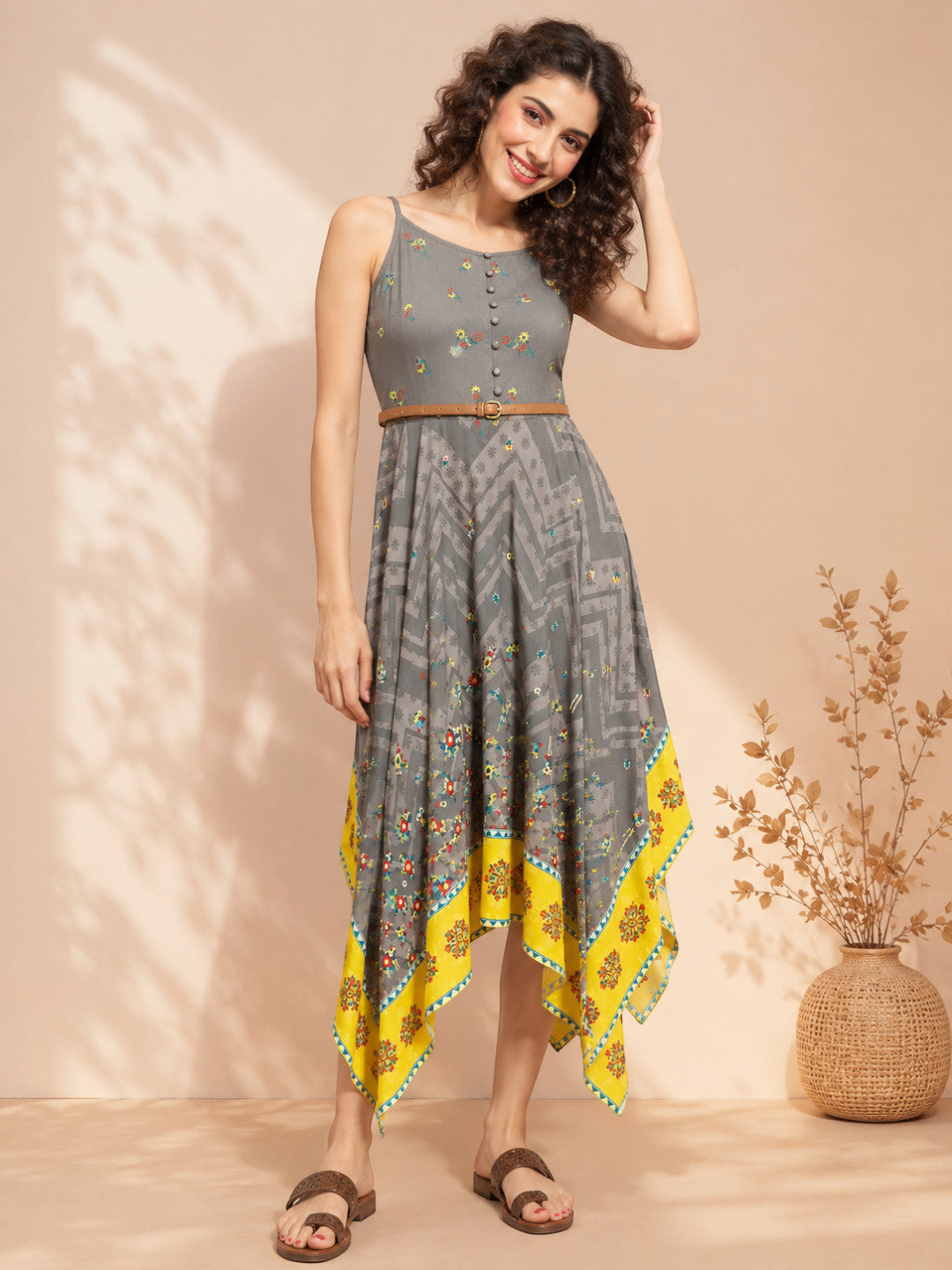 envision grey printed high low strappy dres
