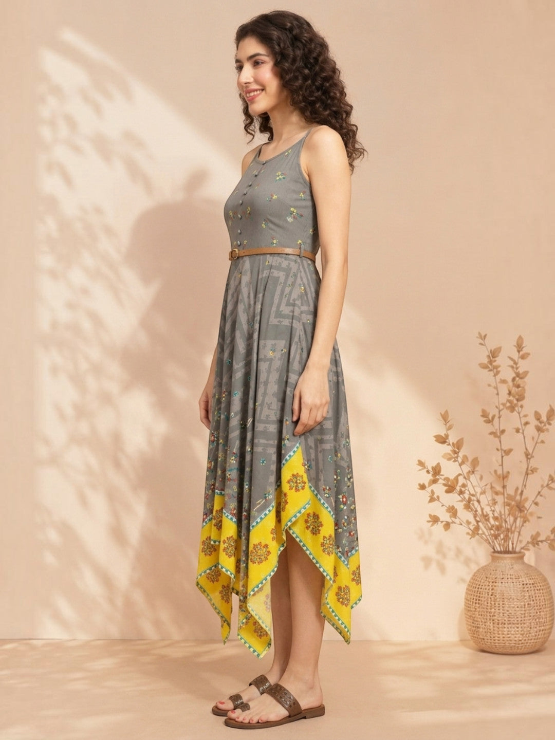 envision grey printed high low strappy dres
