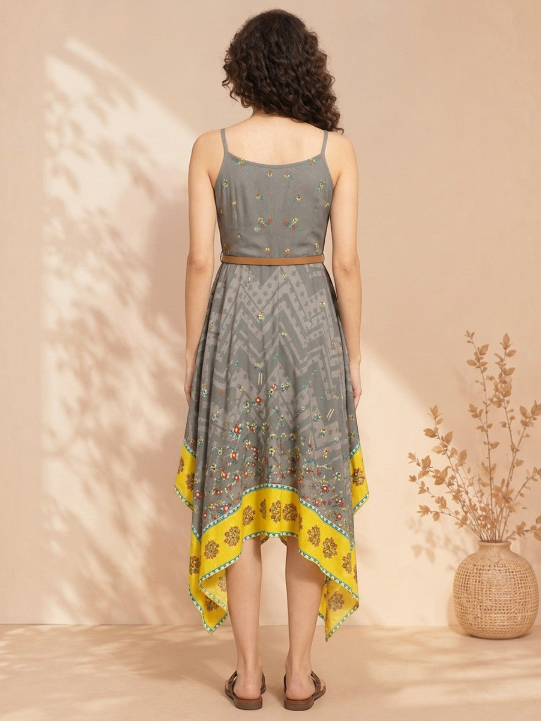 envision grey printed high low strappy dres