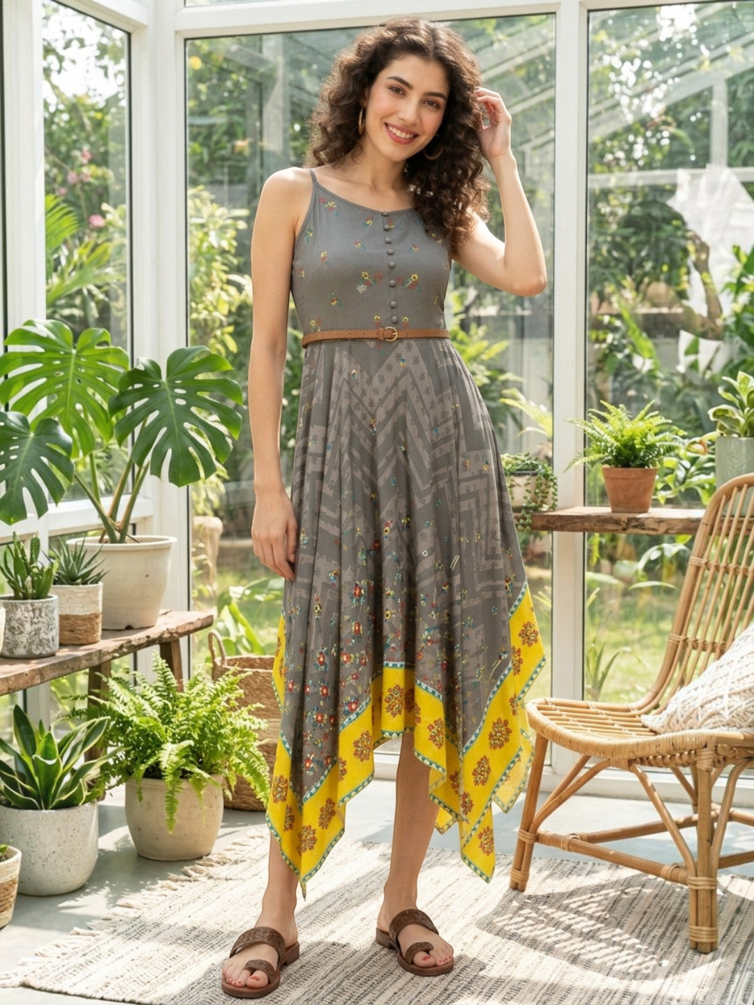 envision grey printed high low strappy dres