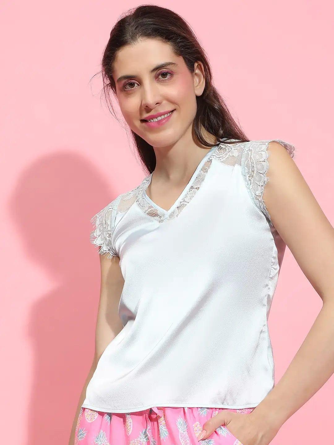 Serene Light Blue Short Sleeve Lace-up Nightwear Women Top - oxolloxo