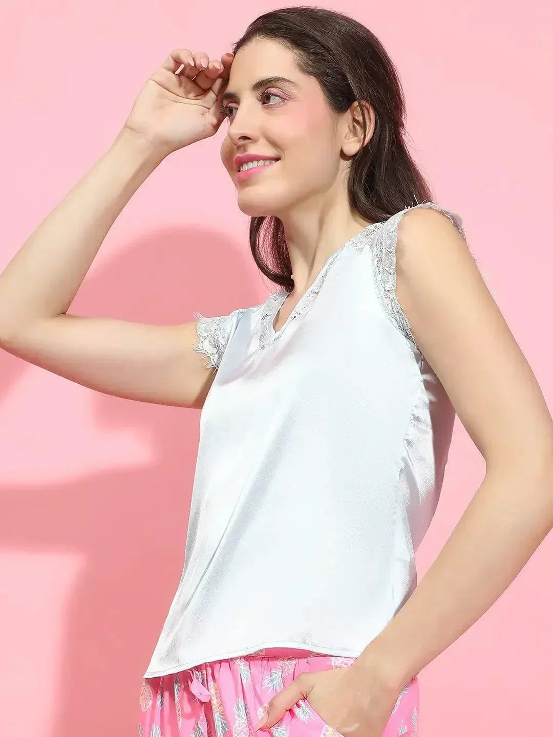 Serene Light Blue Short Sleeve Lace-up Nightwear Women Top - oxolloxo