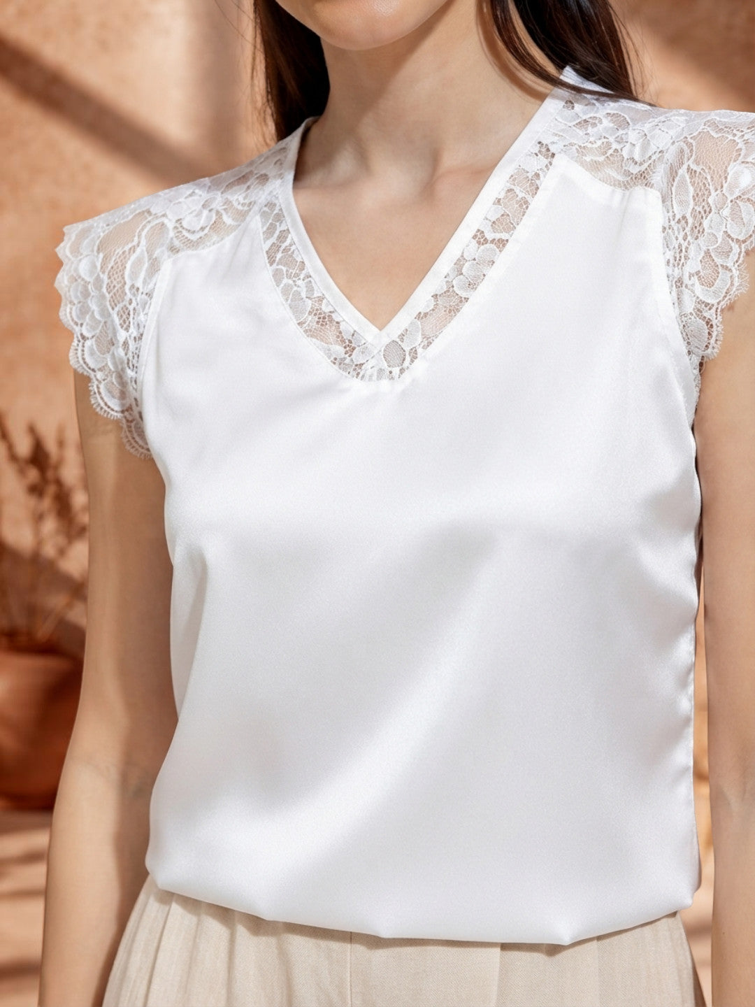 White satin V-neck top with lace trim, plus size women's fashion
