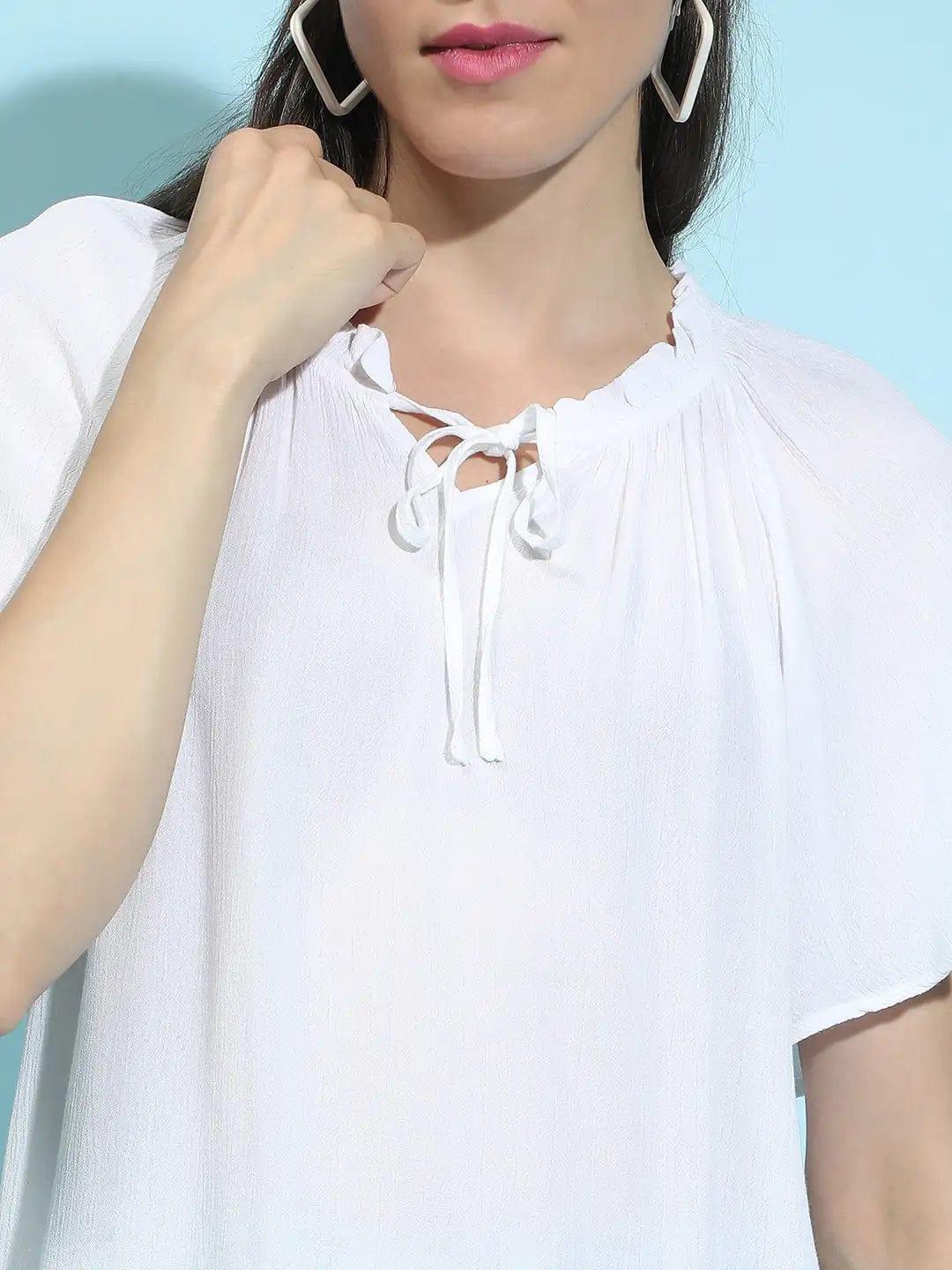 Whisper White Round Neck Tie-Knotted Womenâ€™s Top - oxolloxo