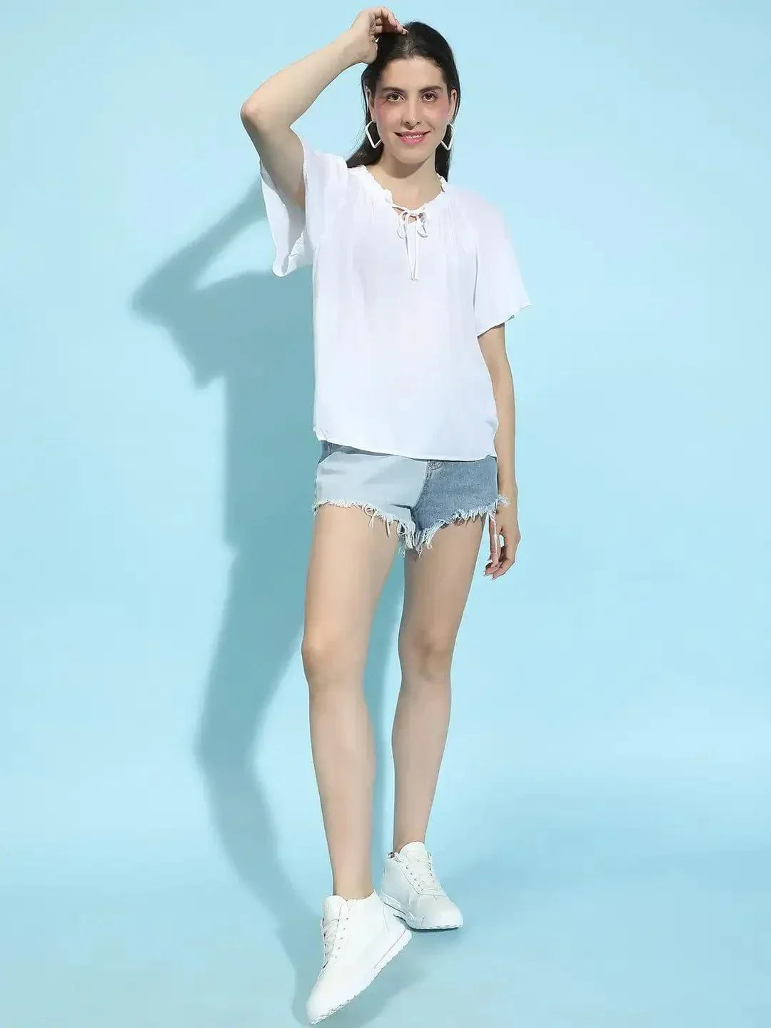 Whisper White Round Neck Tie-Knotted Womenâ€™s Top - oxolloxo