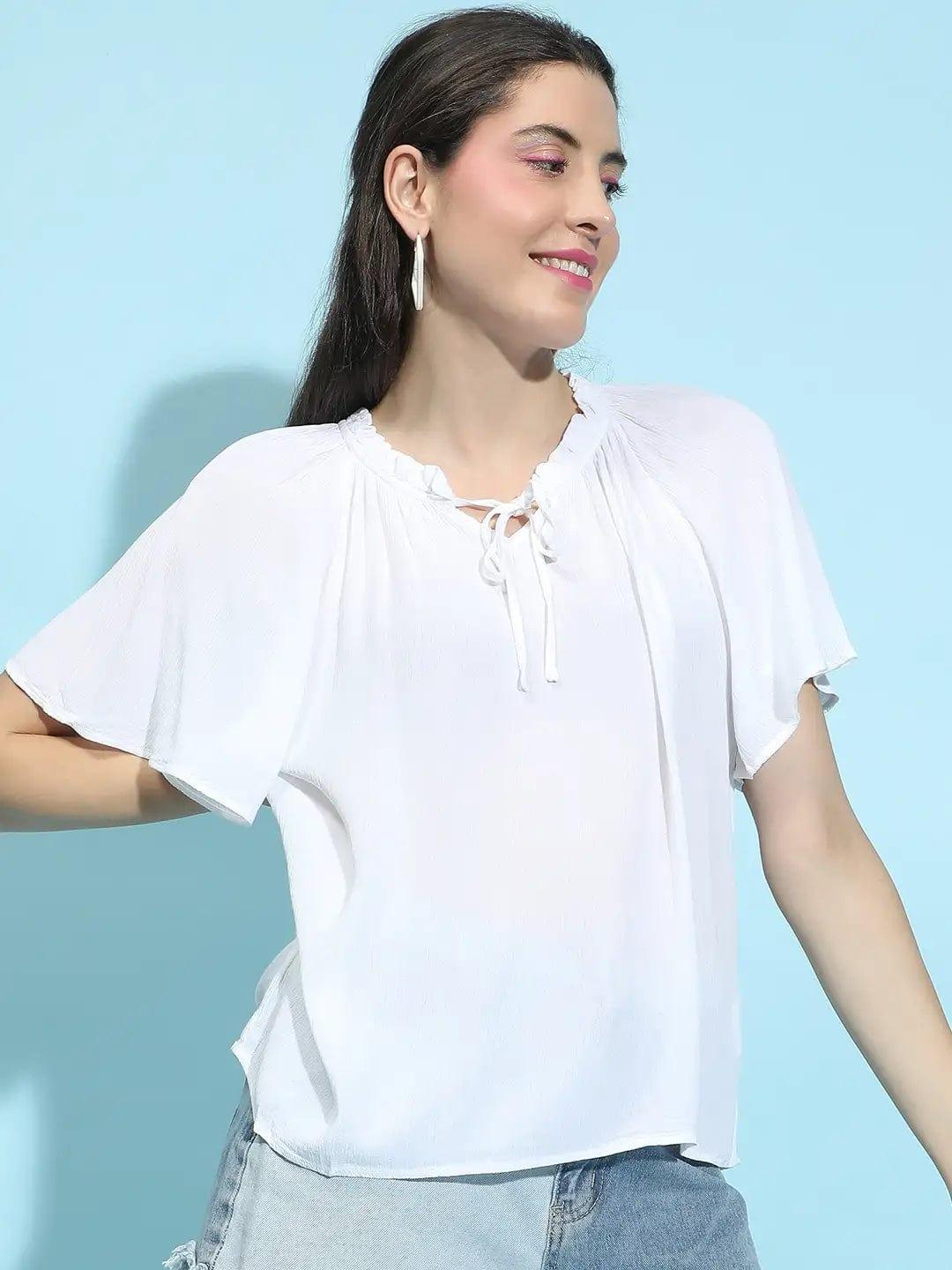 Whisper White Round Neck Tie-Knotted Womenâ€™s Top - oxolloxo