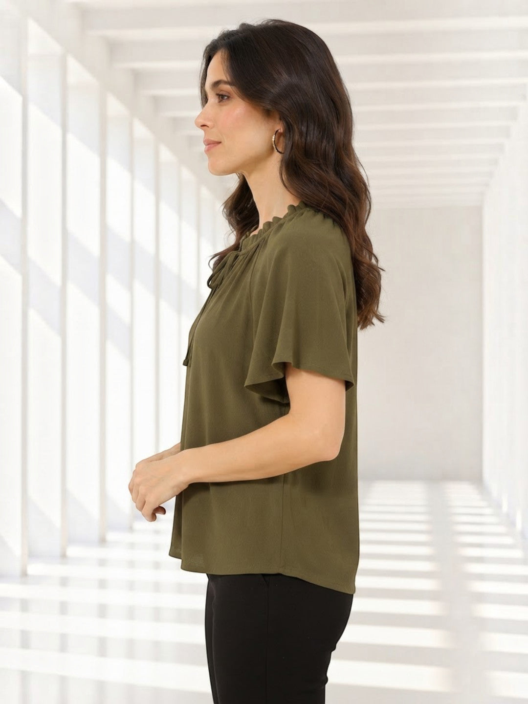 Olive green ruffled neckline blouse for women, stylish short sleeve top with flowy fit