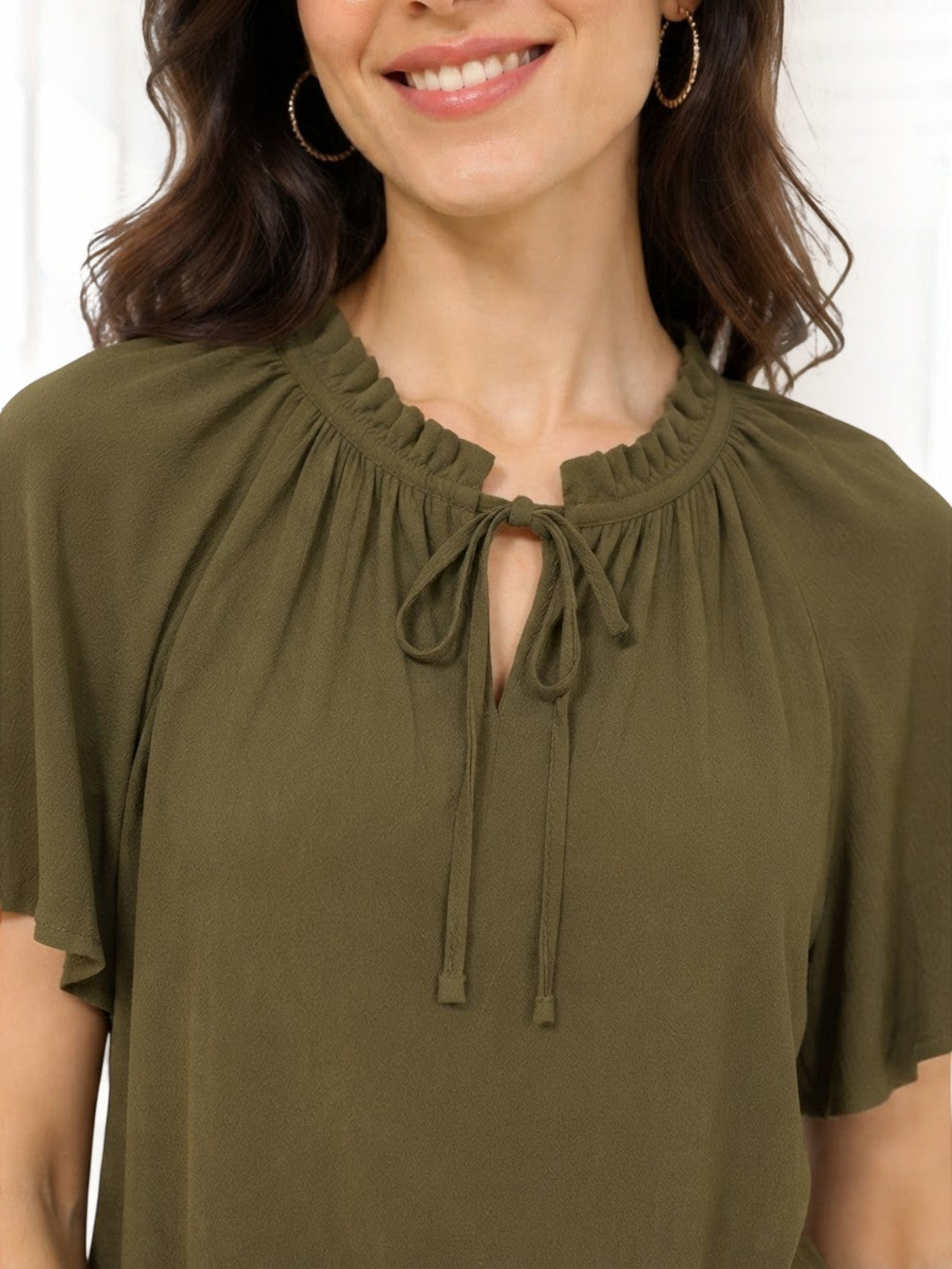 Olive green women's blouse with tie-front neckline and ruffled collar, plus size fashion
