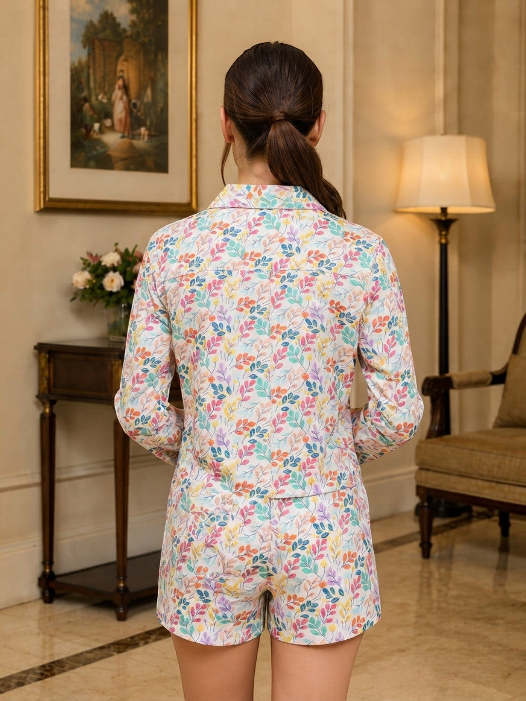 Woman in colorful floral print pajama set, back view, plus size women's fashion