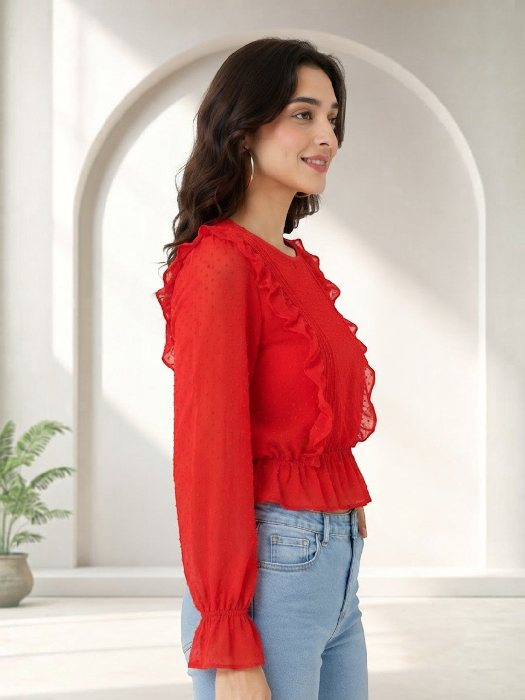 Red ruffled long sleeve top for women, stylish plus size fashion with peplum hem and lace details