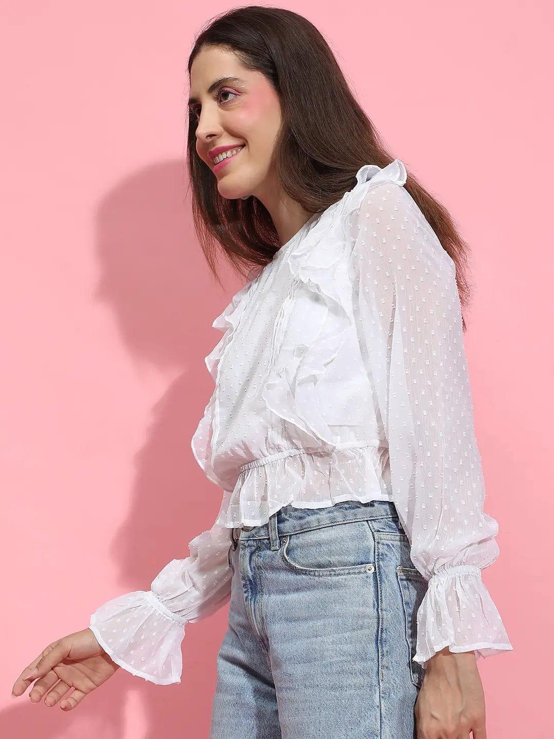 Rich White Long Sleeve Round Neck Ruffle Style Top - oxolloxo