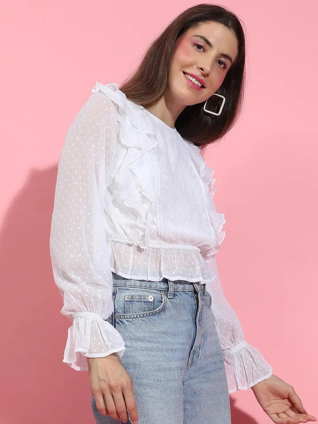 Rich White Long Sleeve Round Neck Ruffle Style Top - oxolloxo