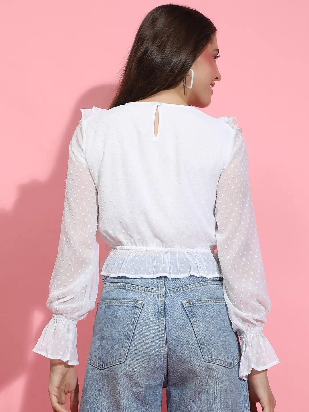 Rich White Long Sleeve Round Neck Ruffle Style Top - oxolloxo