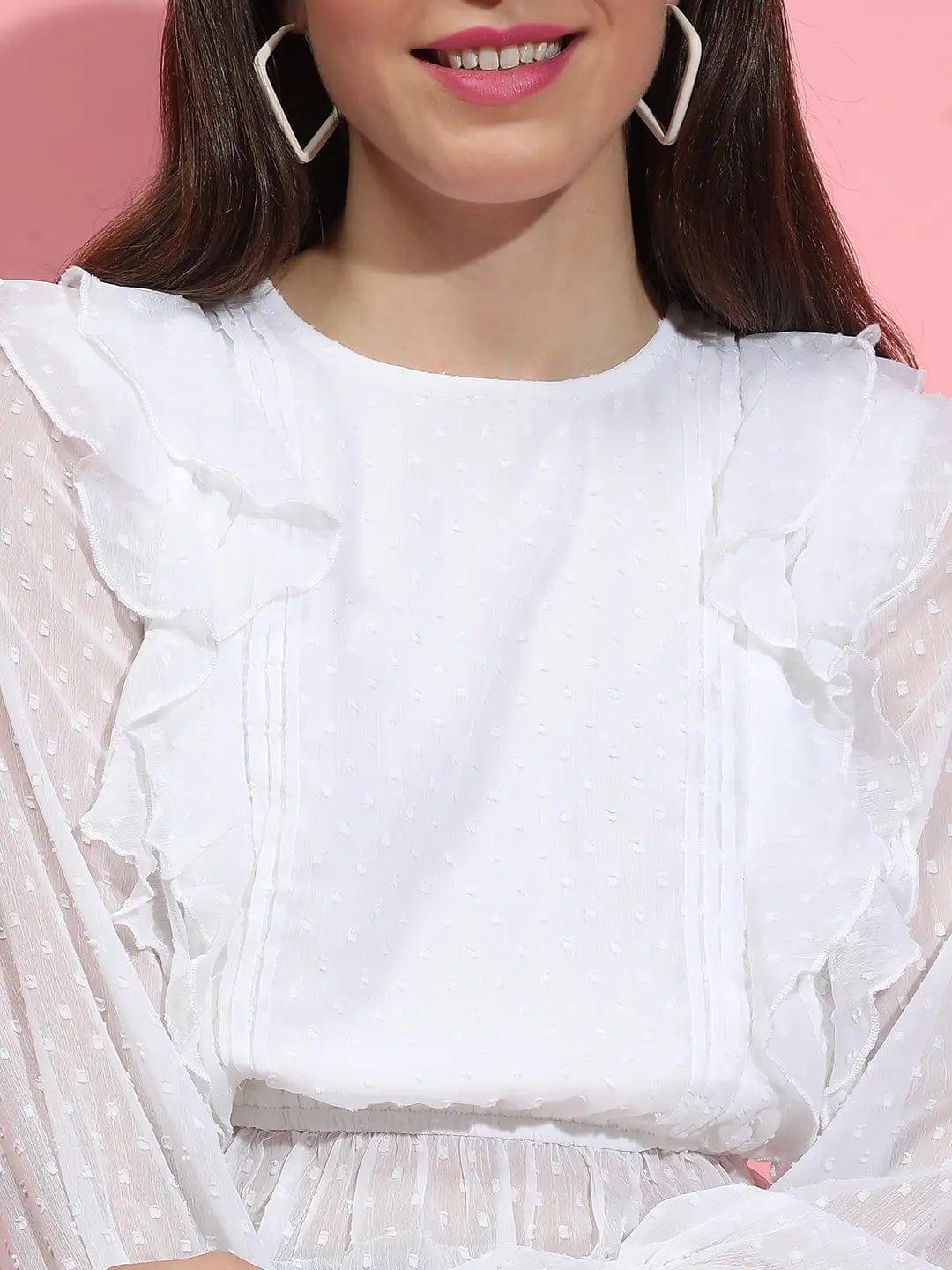 Rich White Long Sleeve Round Neck Ruffle Style Top - oxolloxo