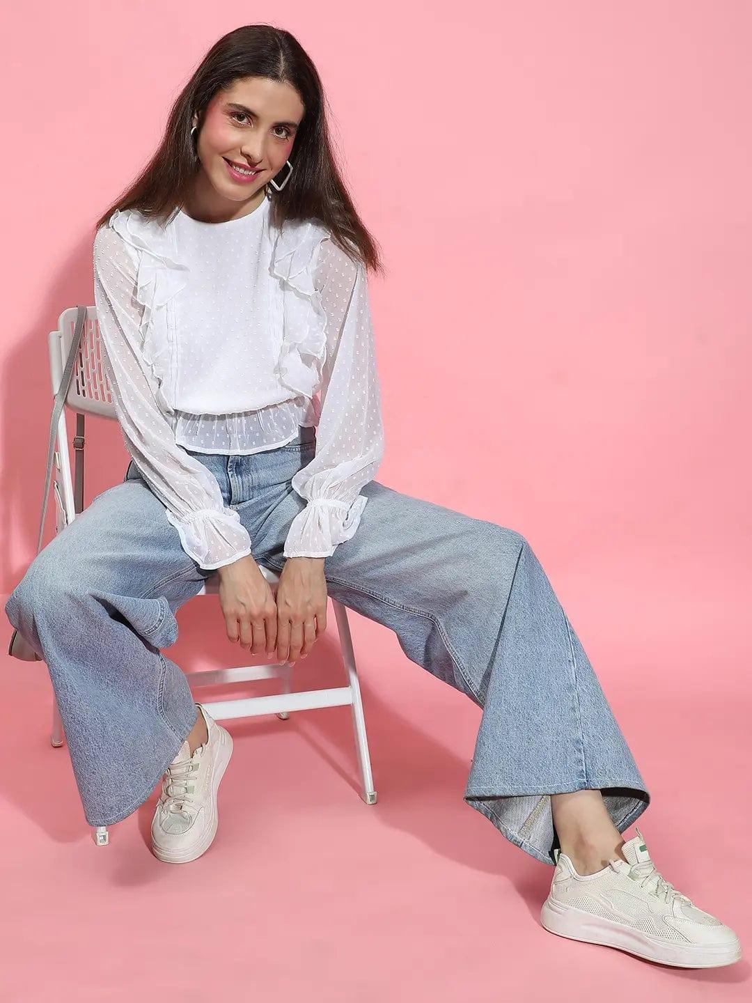 Rich White Long Sleeve Round Neck Ruffle Style Top - oxolloxo