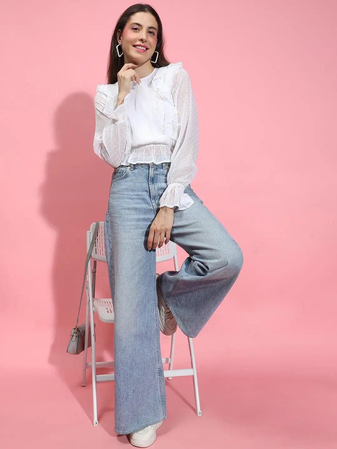 Rich White Long Sleeve Round Neck Ruffle Style Top - oxolloxo