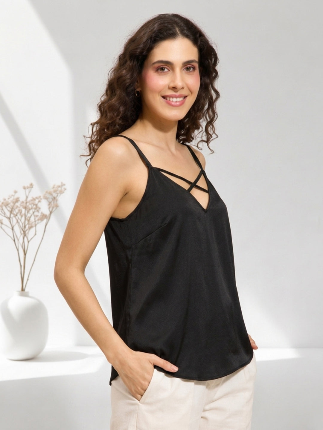 Black crisscross strap camisole top for women, stylish and comfortable fashion wear