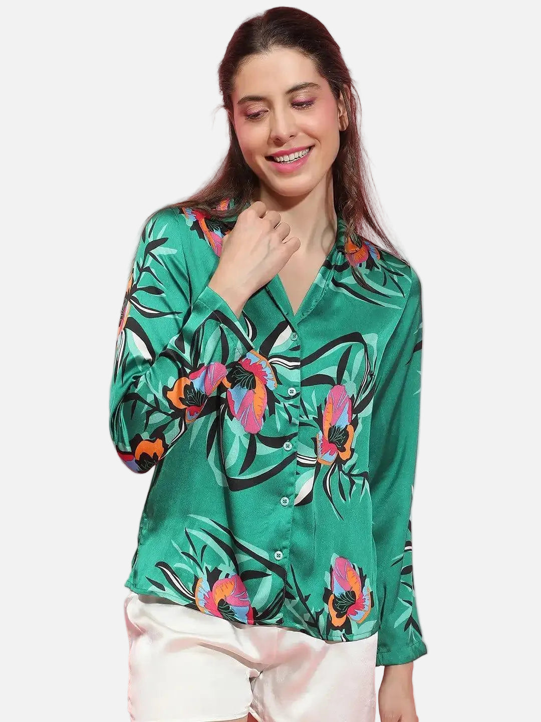 Multicolor floral print long sleeve women nightwear Relaxed Shirts - oxolloxo