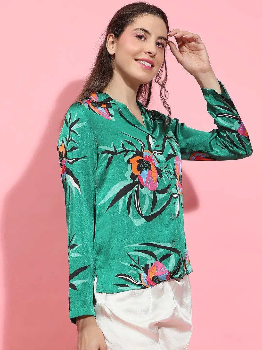 Multicolor floral print long sleeve women nightwear Relaxed Shirts   oxolloxo