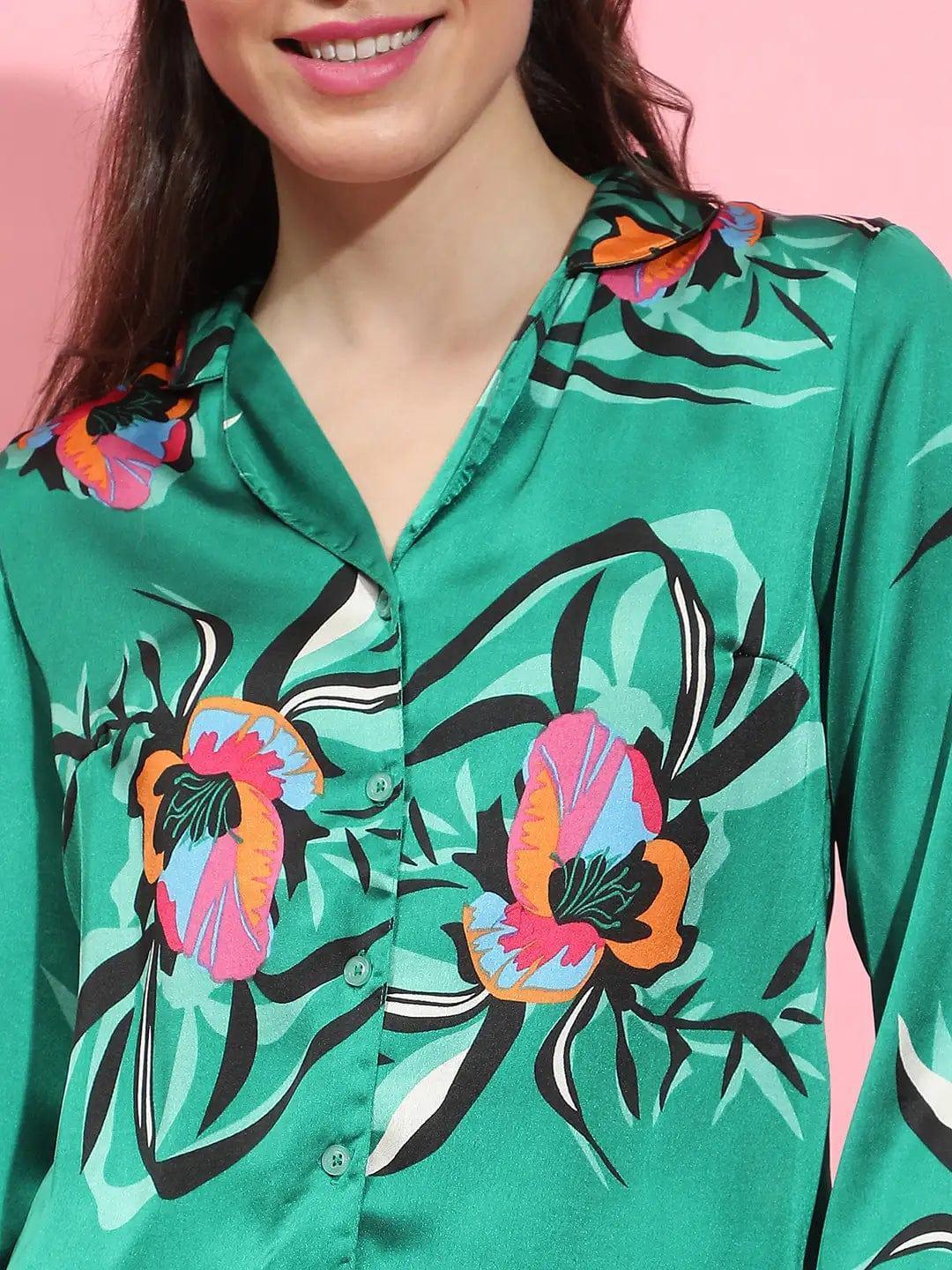 Multicolor floral print long sleeve women nightwear Relaxed Shirts   oxolloxo
