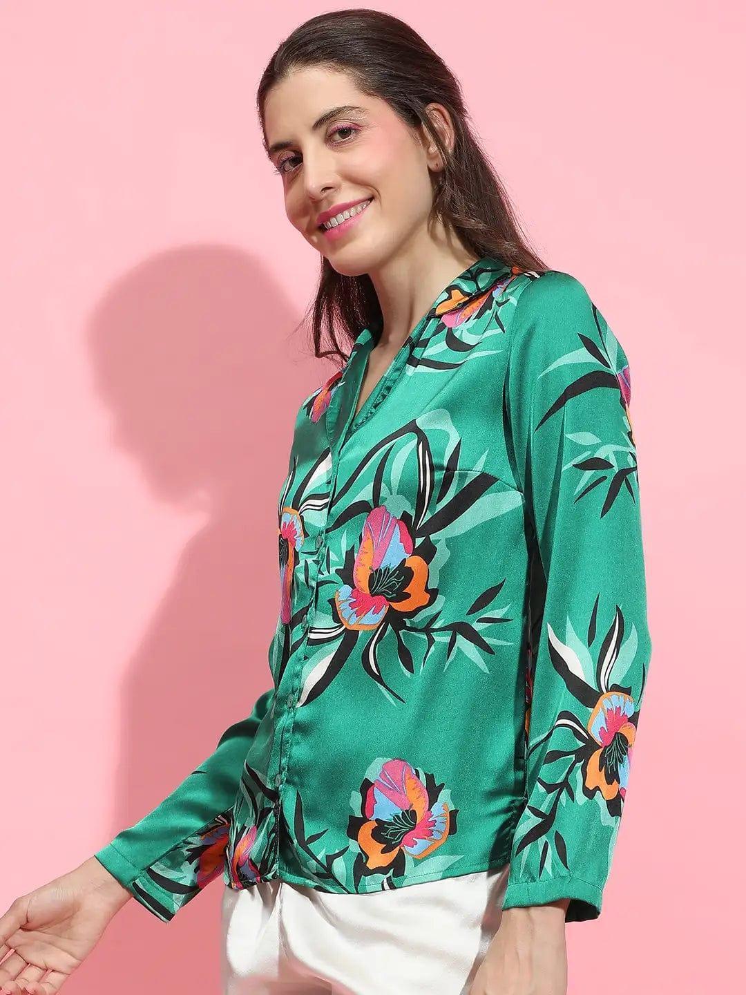 Multicolor floral print long sleeve women nightwear Relaxed Shirts   oxolloxo