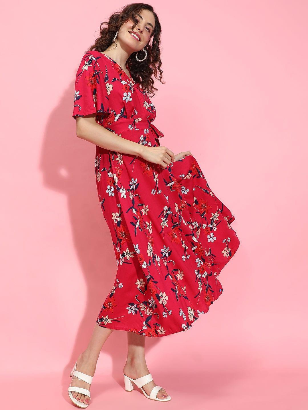 Tiara Red Floral Print Belted Long Flare Women Dress - oxolloxo
