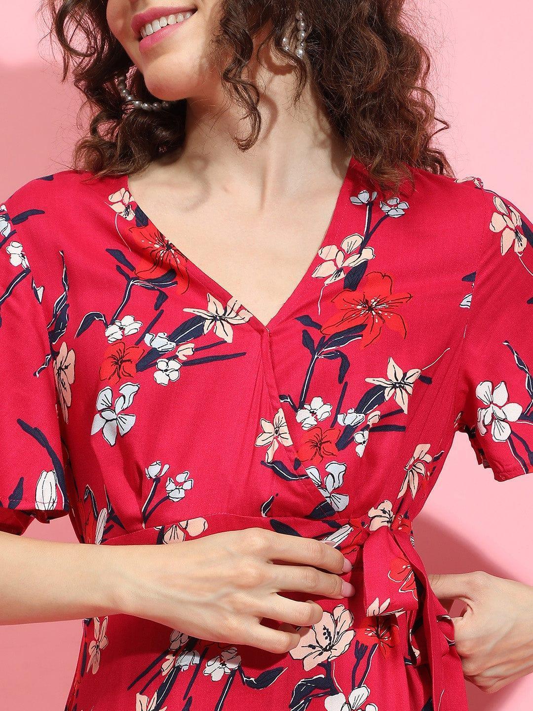 Tiara Red Floral Print Belted Long Flare Women Dress - oxolloxo