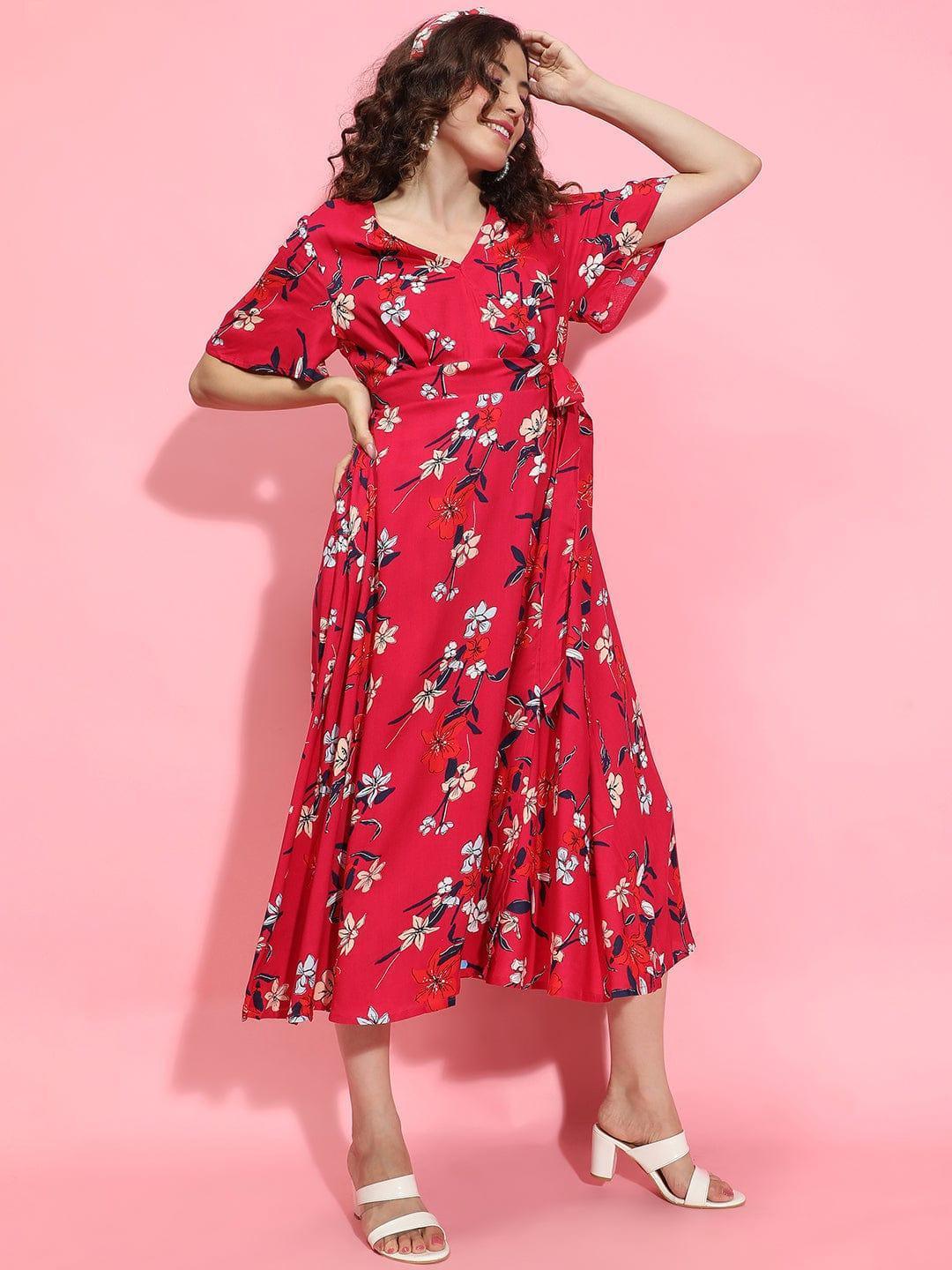 Tiara Red Floral Print Belted Long Flare Women Dress - oxolloxo