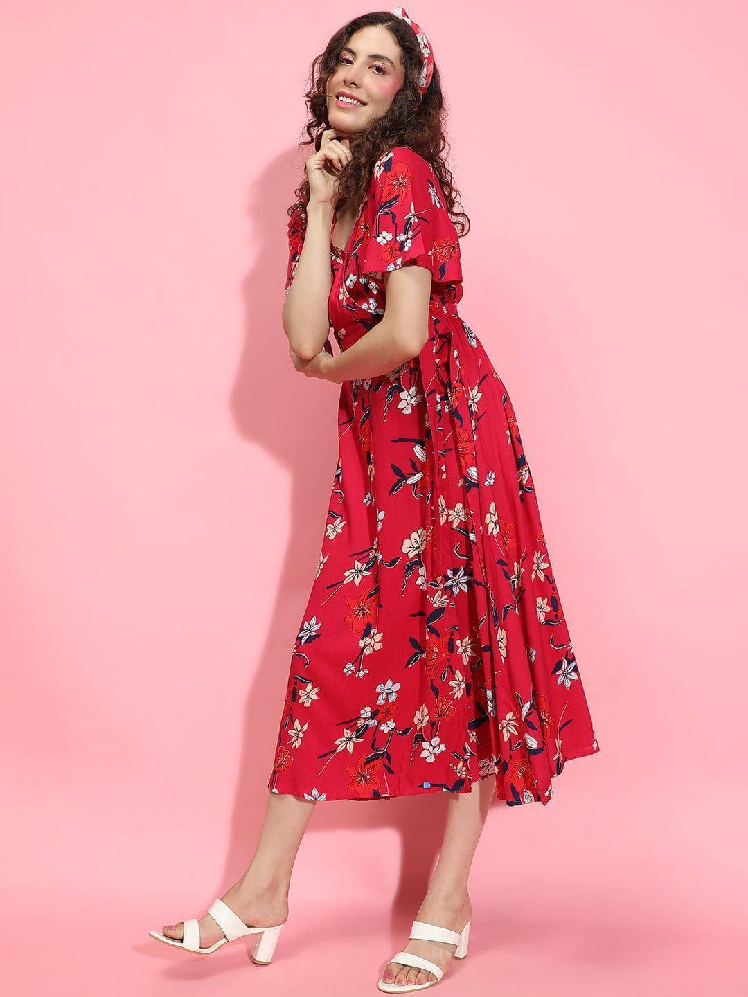 Tiara Red Floral Print Belted Long Flare Women Dress - oxolloxo