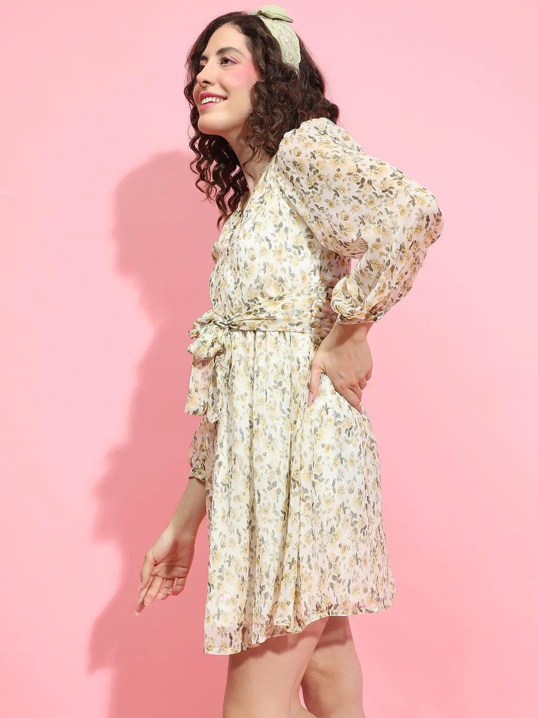 Multicolor Floral Print Tie-Knotted Belt Long Sleeve Women Dress - oxolloxo