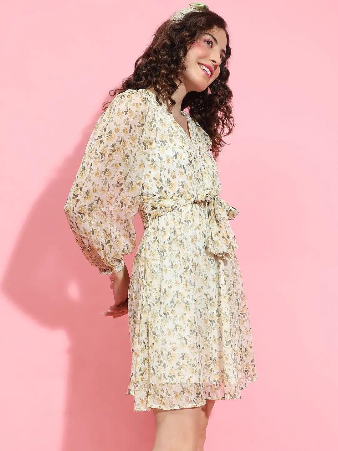 Multicolor Floral Print Tie-Knotted Belt Long Sleeve Women Dress - oxolloxo