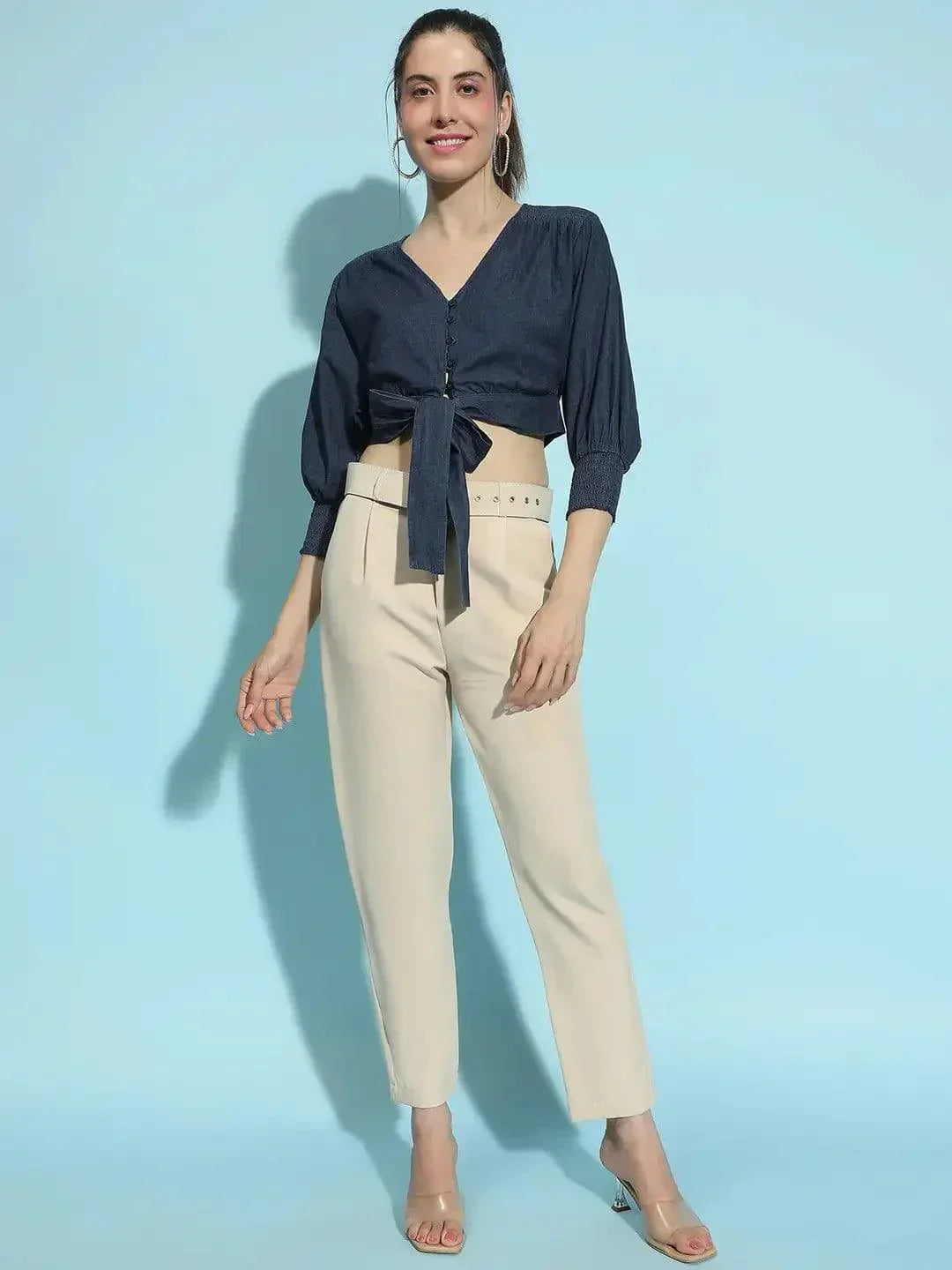 Trendy Button-Down Tie-Up Women Cotton Denim Top - oxolloxo