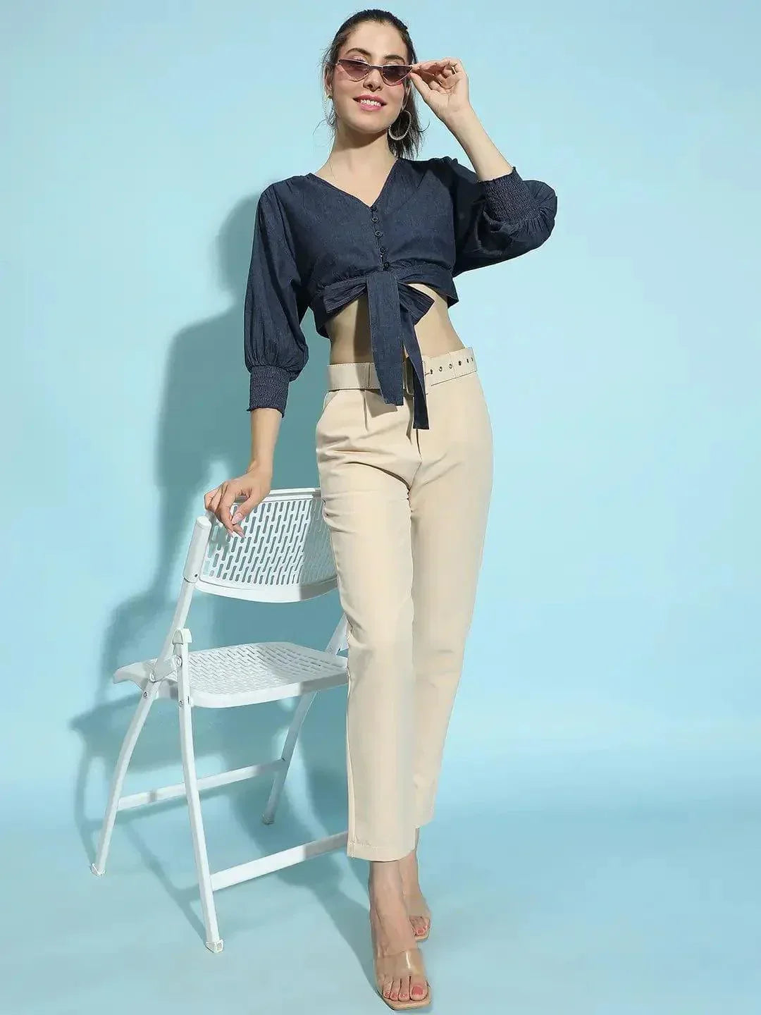 Trendy Button-Down Tie-Up Women Cotton Denim Top - oxolloxo