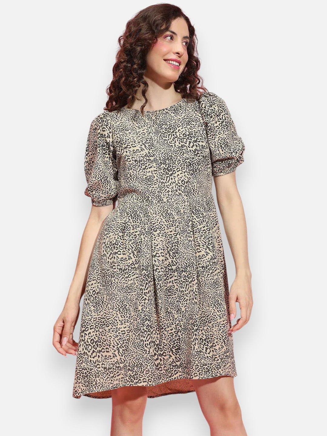 Beige Floral Print Cotton Dress