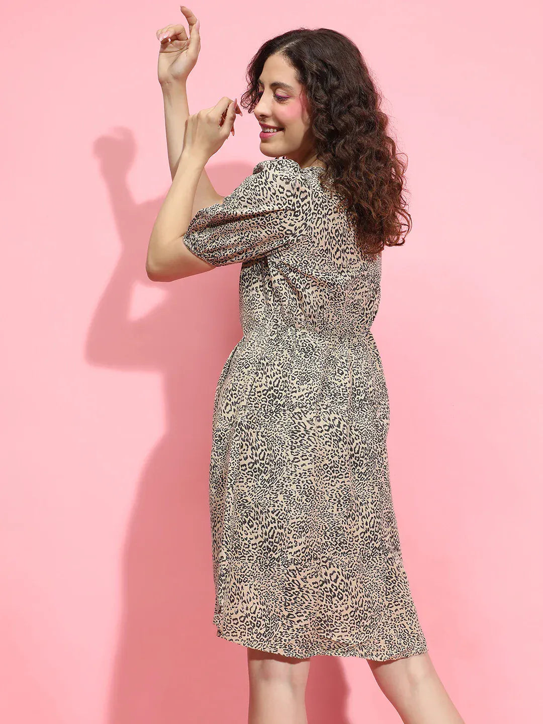 Beige Floral Print Cotton Dress