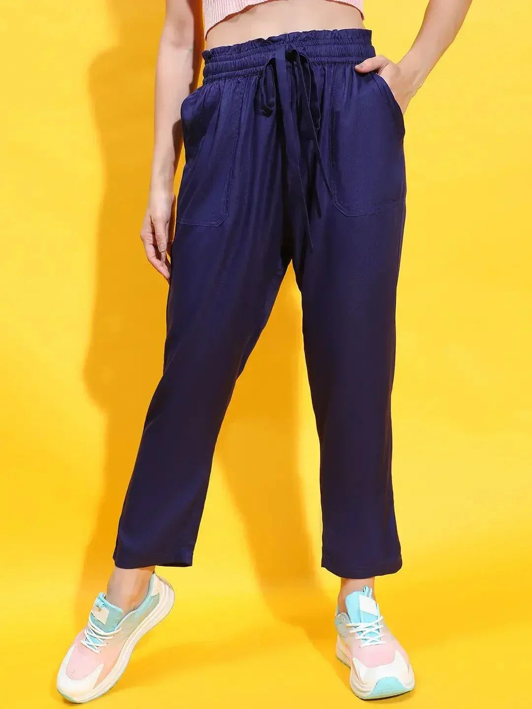 Sophisticated Blue Elasticated Tie-Knotted Casual Women Trouser - oxolloxo