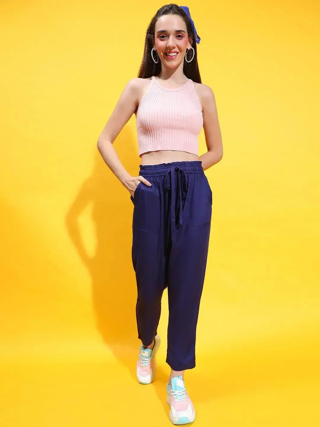 Sophisticated Blue Elasticated Tie-Knotted Casual Women Trouser - oxolloxo