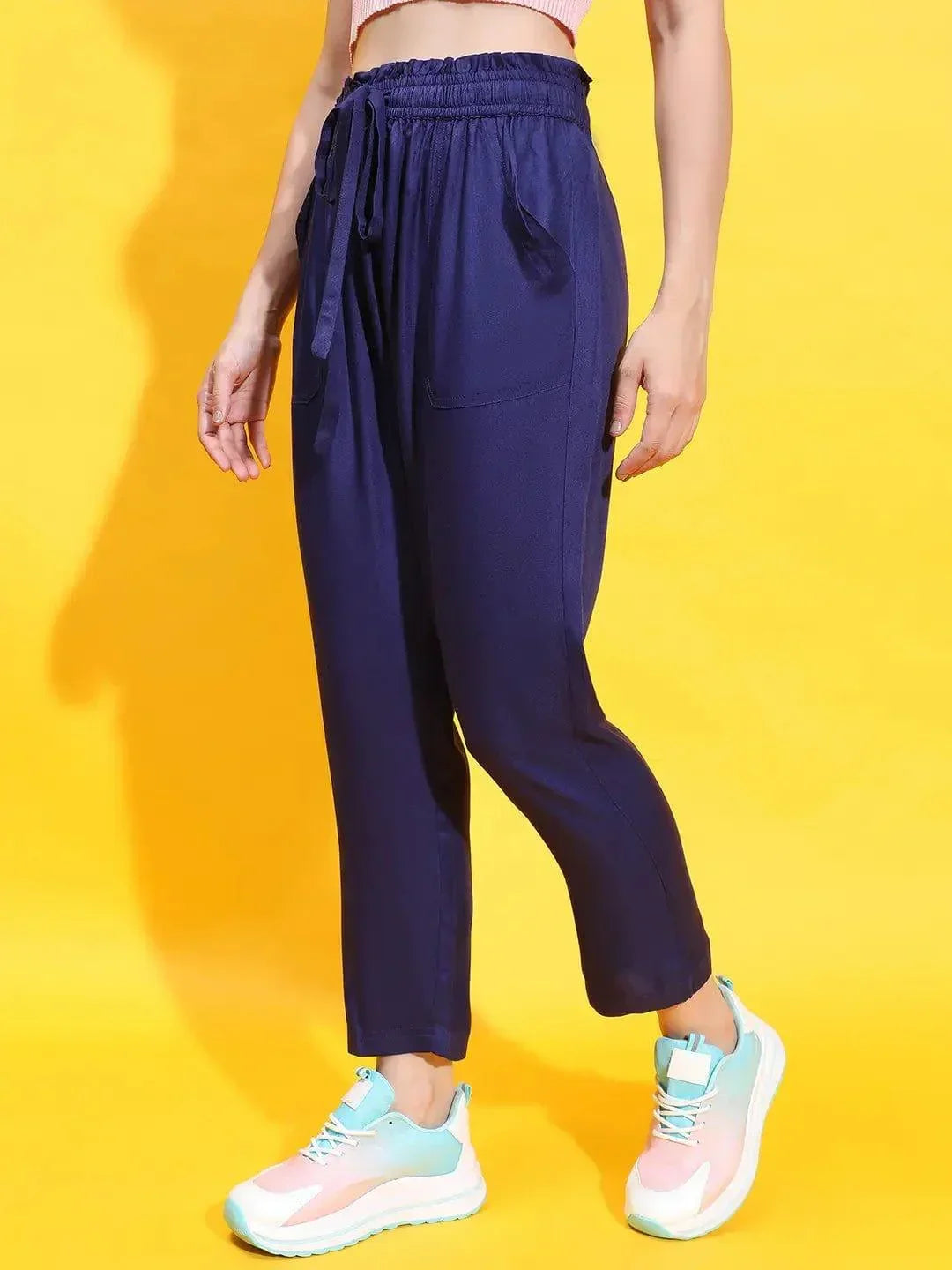 Sophisticated Blue Elasticated Tie-Knotted Casual Women Trouser - oxolloxo