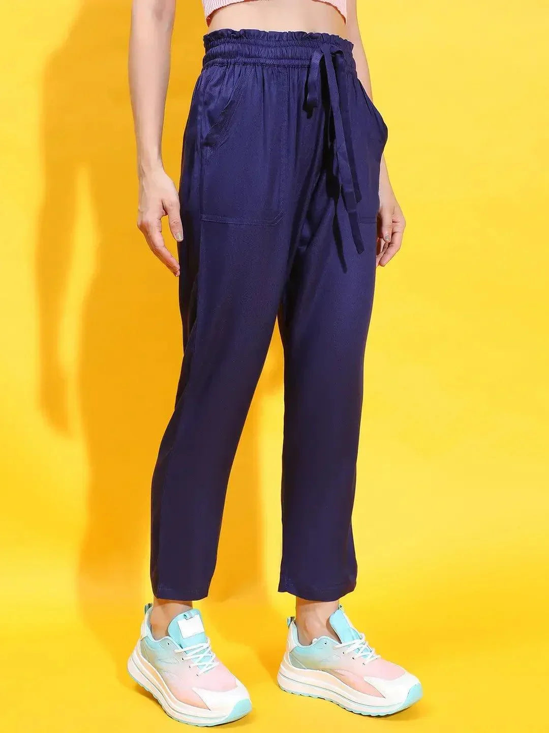 Sophisticated Blue Elasticated Tie-Knotted Casual Women Trouser - oxolloxo