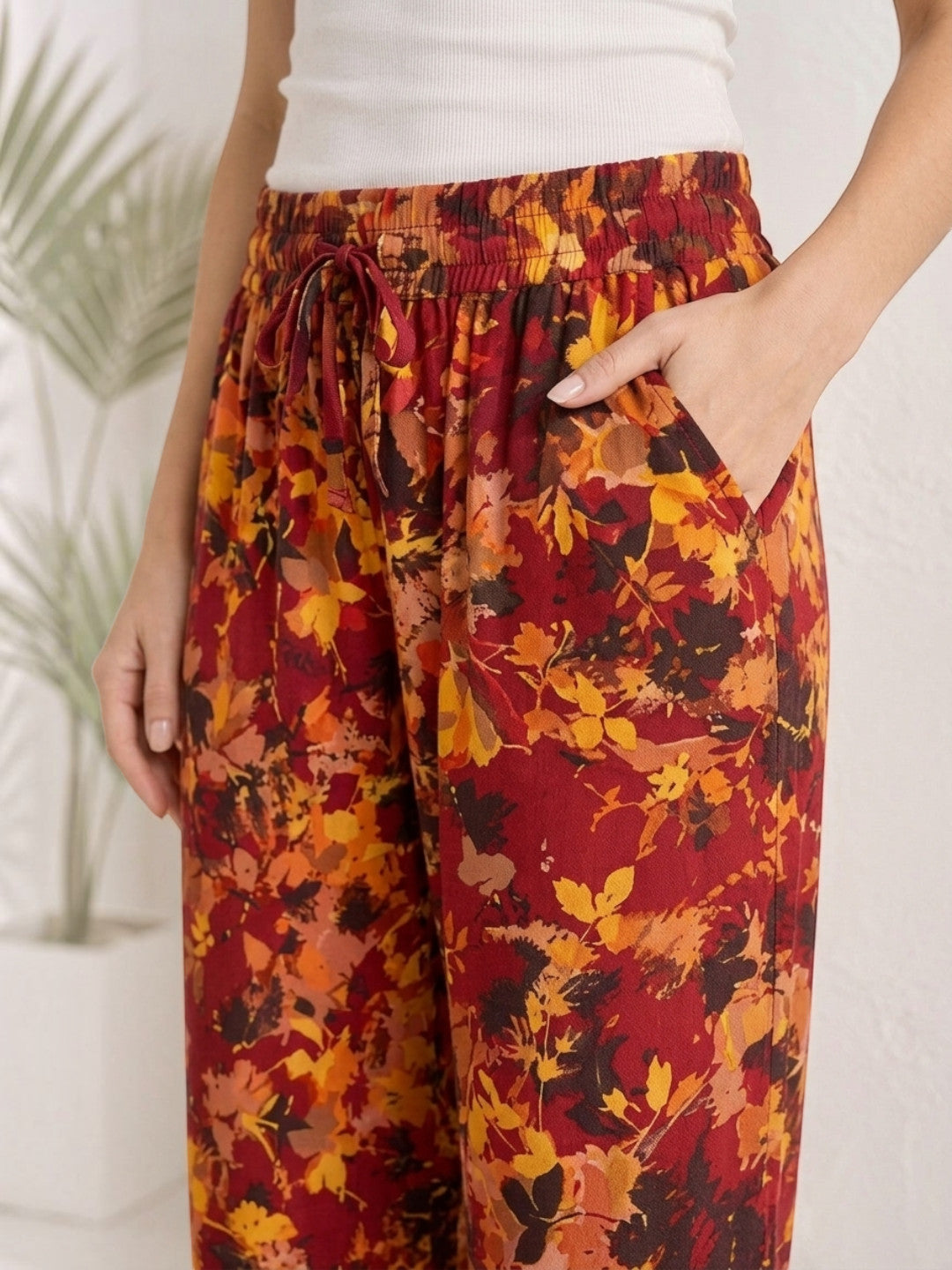 Autumn leaf print wide-leg pants with drawstring waist, perfect for plus size & regular women's fashion