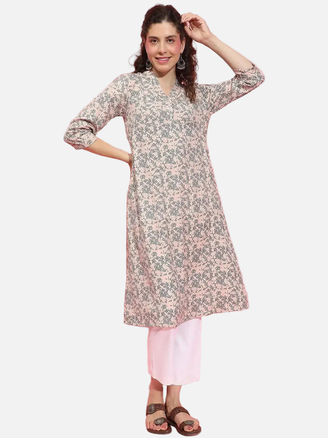 Rose Pink Floral Print V-Neck 3/4 Sleeve Tunic for Women of All Ages - oxolloxo
