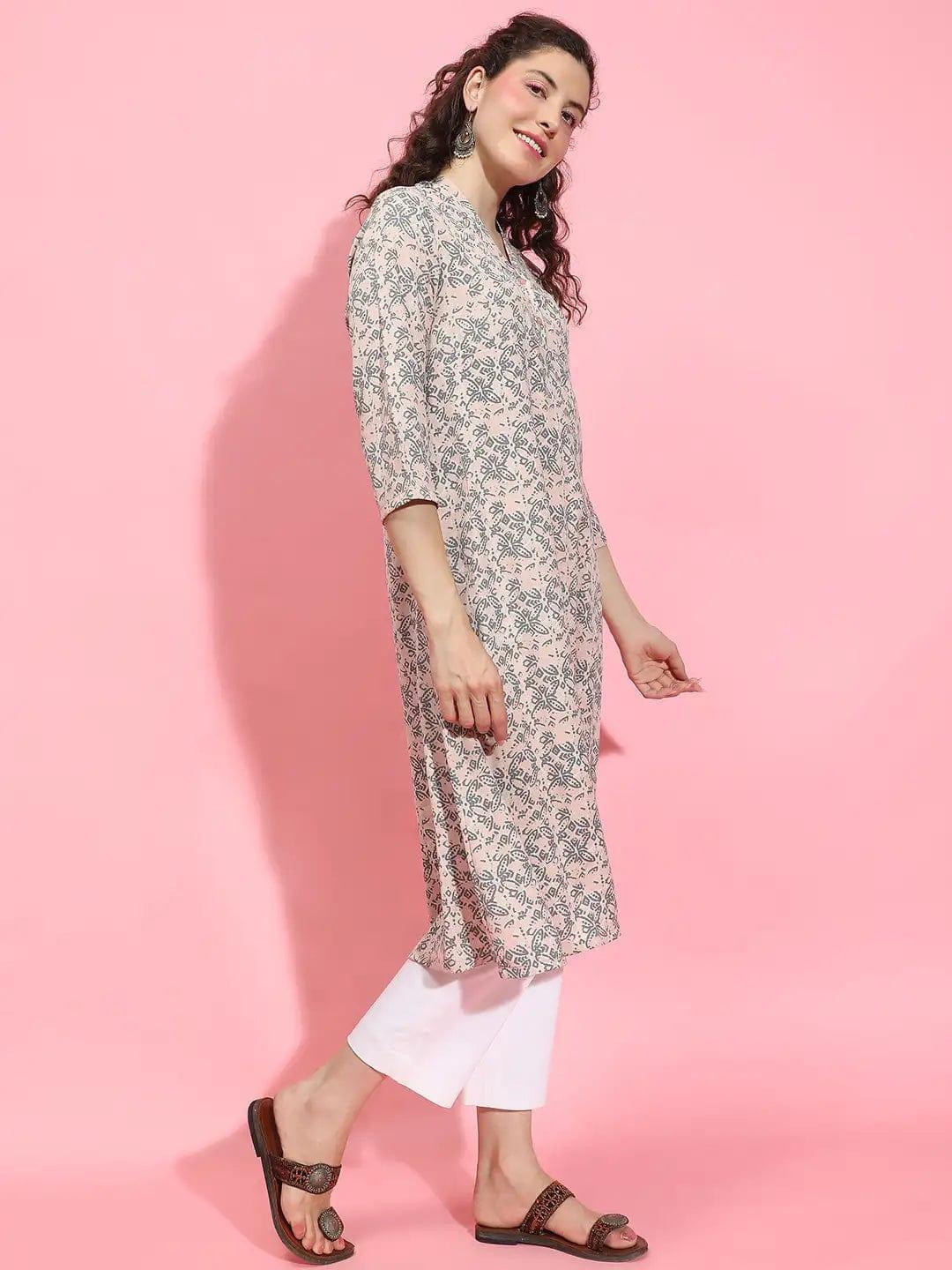 Rose Pink Floral Print V-Neck 3/4 Sleeve Tunic for Women of All Ages - oxolloxo