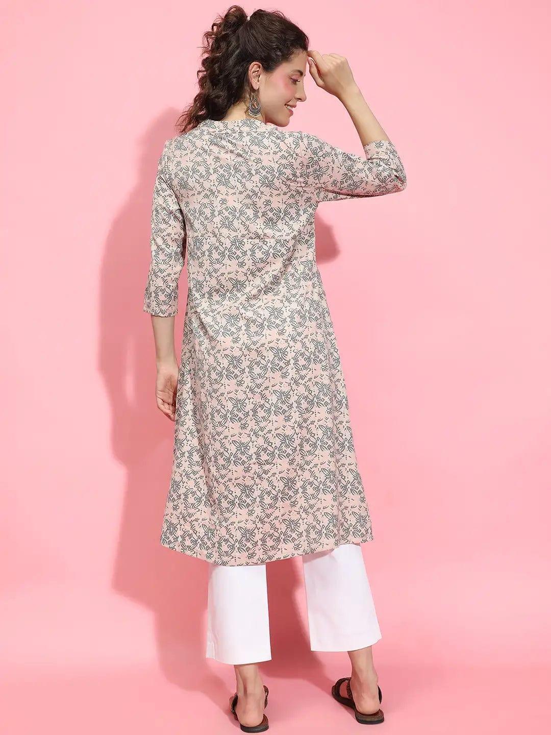 Rose Pink Floral Print V-Neck 3/4 Sleeve Tunic for Women of All Ages - oxolloxo