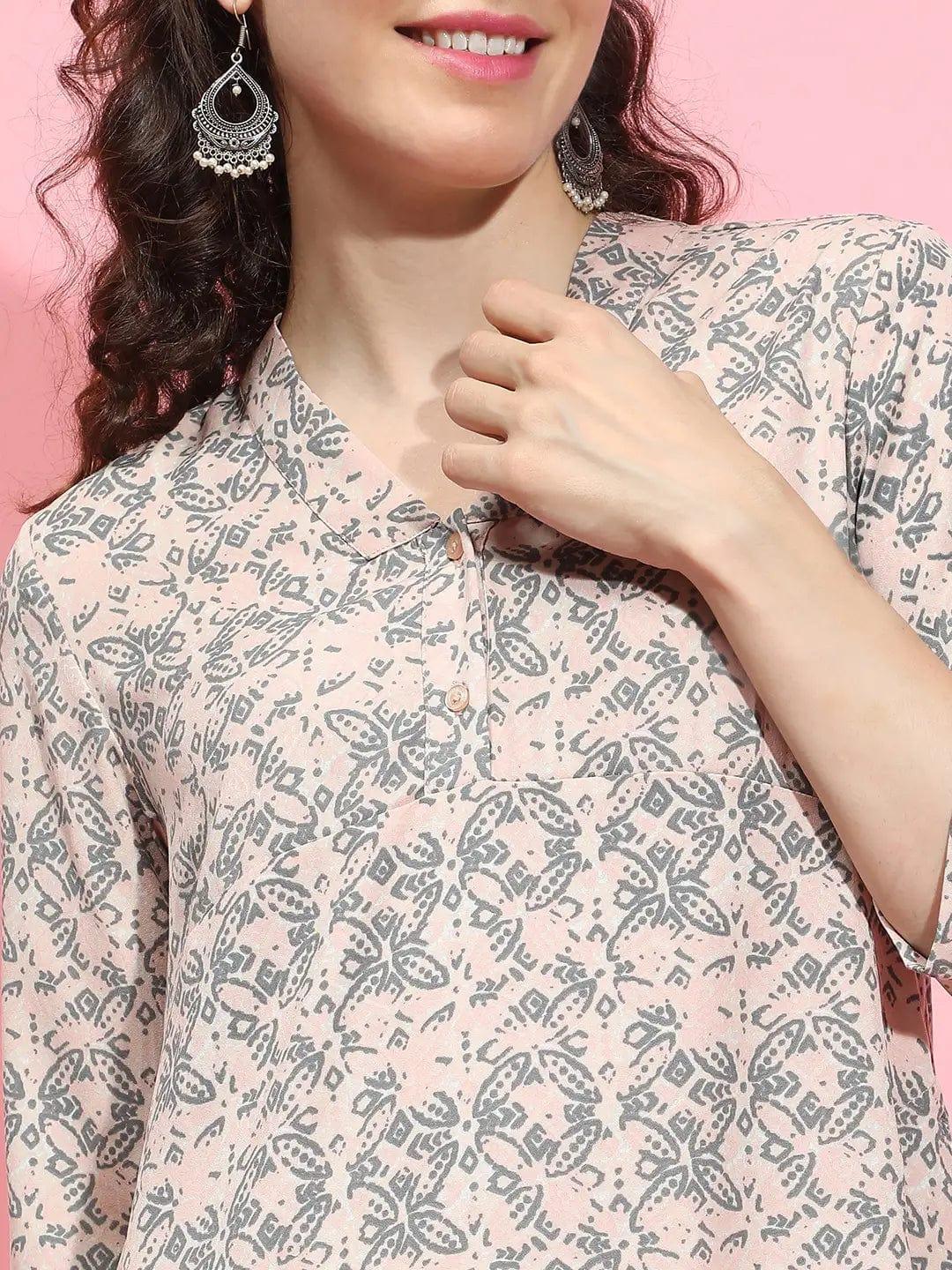 Rose Pink Floral Print V-Neck 3/4 Sleeve Tunic for Women of All Ages - oxolloxo
