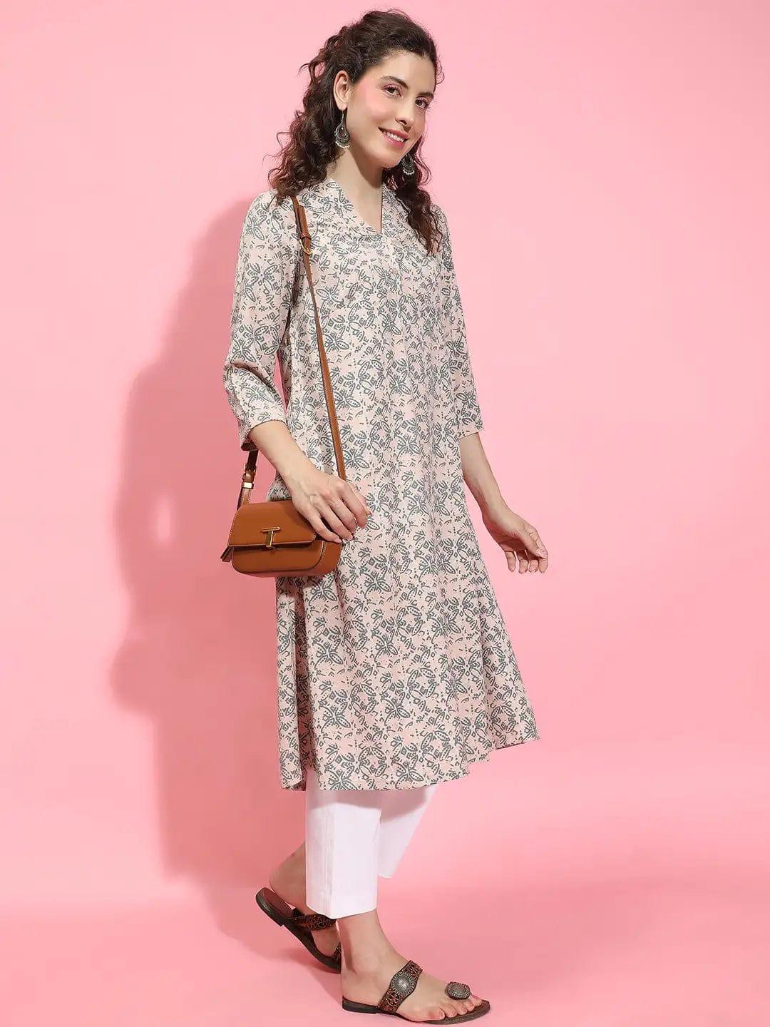 Rose Pink Floral Print V-Neck 3/4 Sleeve Tunic for Women of All Ages - oxolloxo