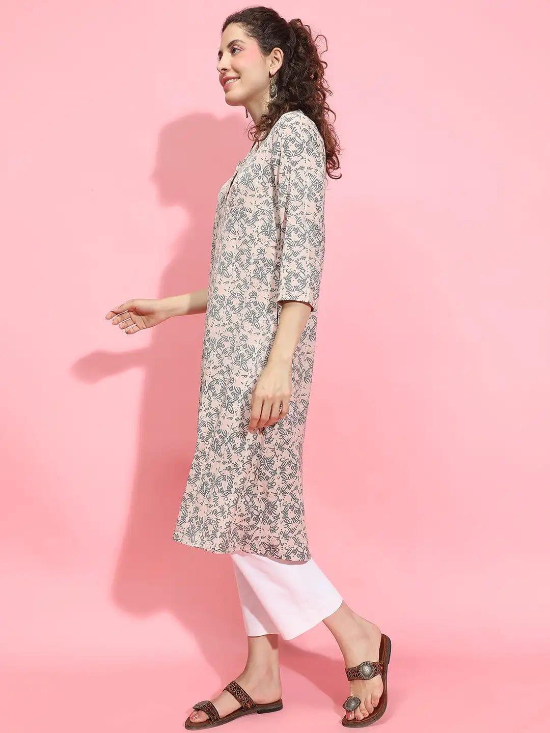 Rose Pink Floral Print V-Neck 3/4 Sleeve Tunic for Women of All Ages - oxolloxo