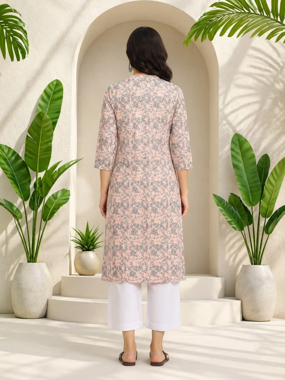 Pink floral print kurta with white pants, plus size women's fashion, stylish ethnic wear