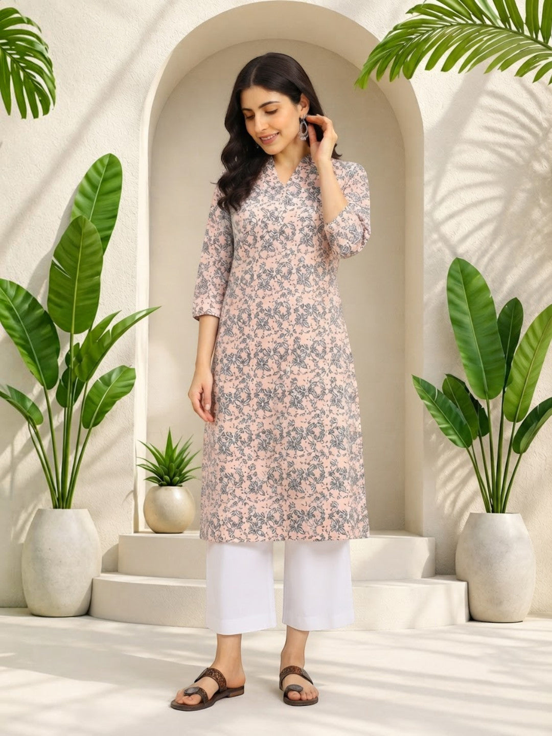 Floral print women's kurta with white palazzo pants, stylish plus size outfit for casual wear