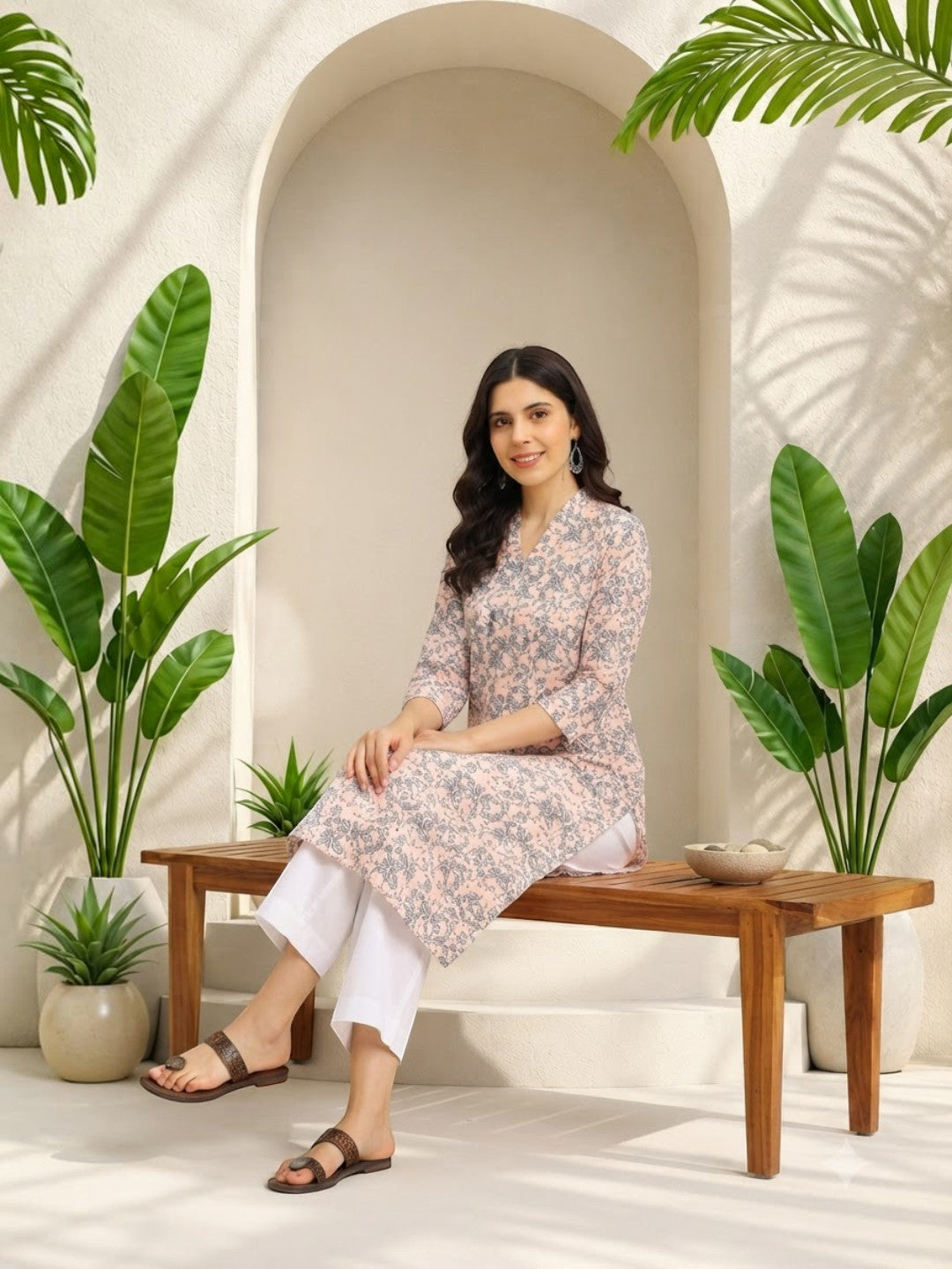 Woman in floral kurta with white pants, seated on wooden bench amidst green plants, stylish plus size fashion